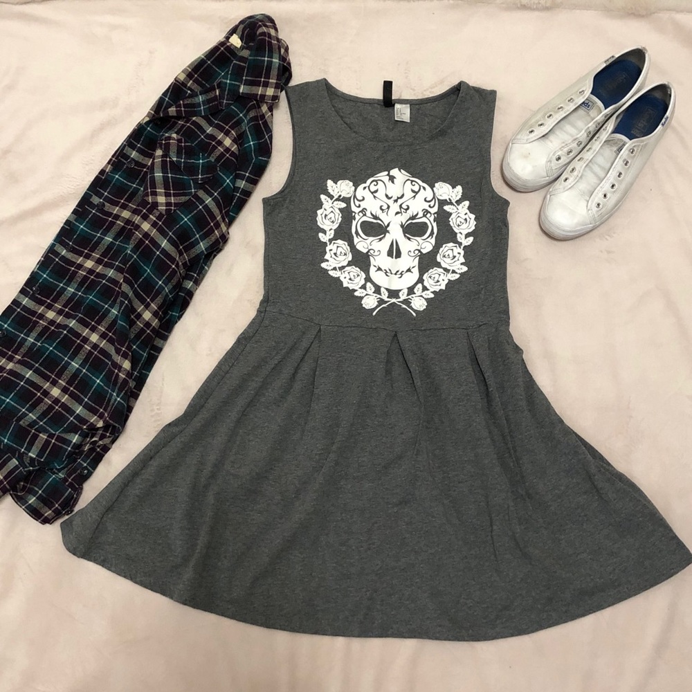H&M Grey Skater Dress with Flower Skull Graphic S